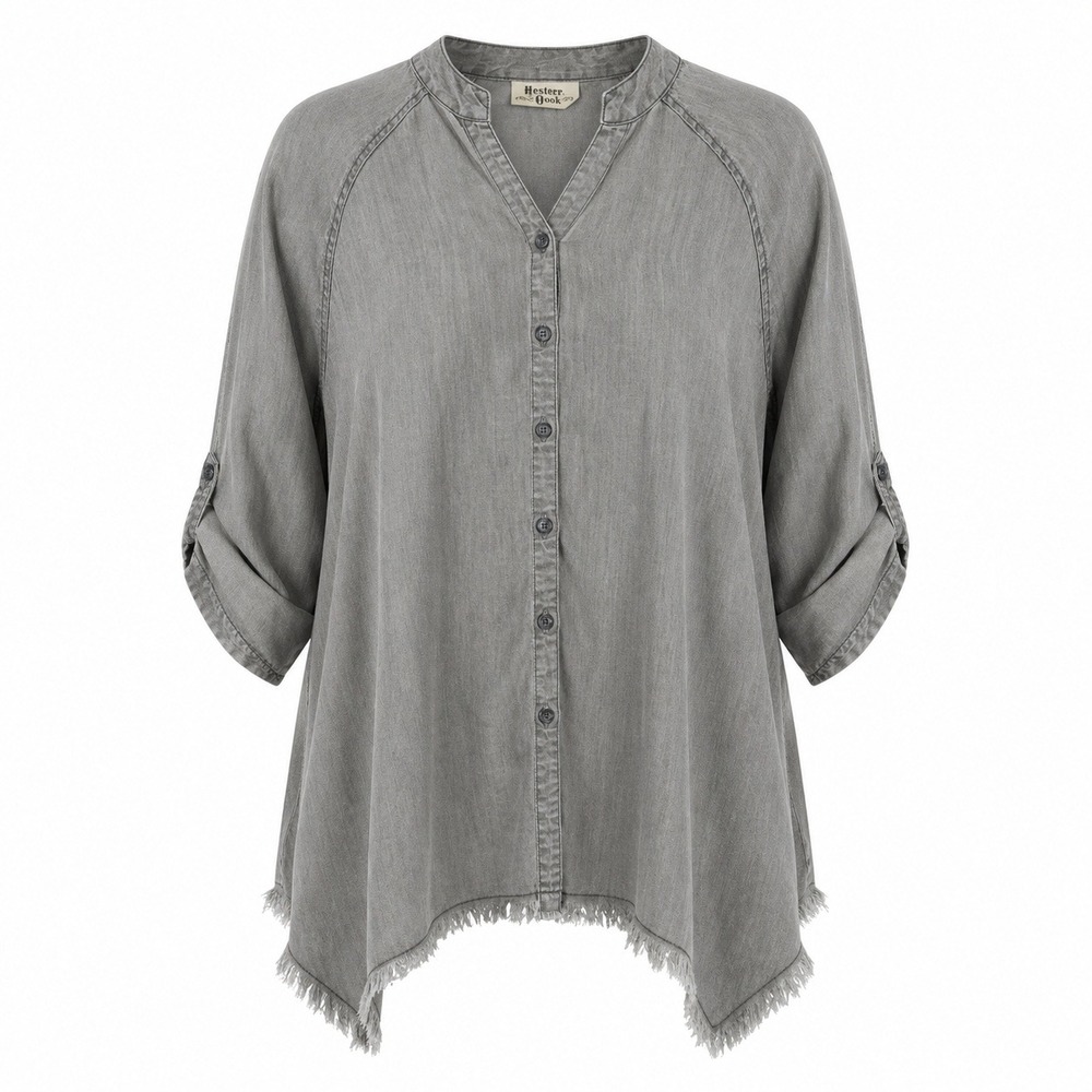 Western Orchard Tencel Size M Gray Frayed Asymmetric Hem Button Up Tunic Shirt
